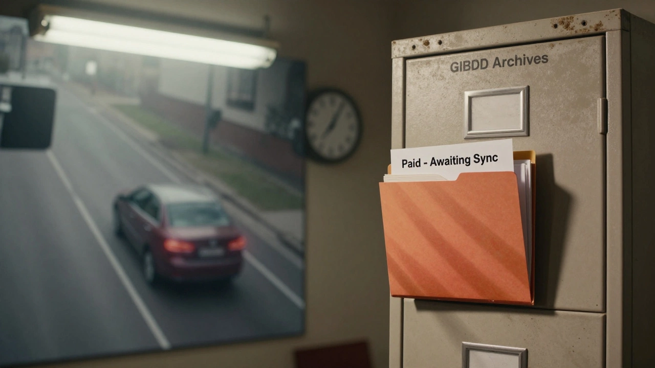 Архив ГИБДД с папкой 'Оплачен - ожидает синхронизации' и часами, показывающими прошедший год.
