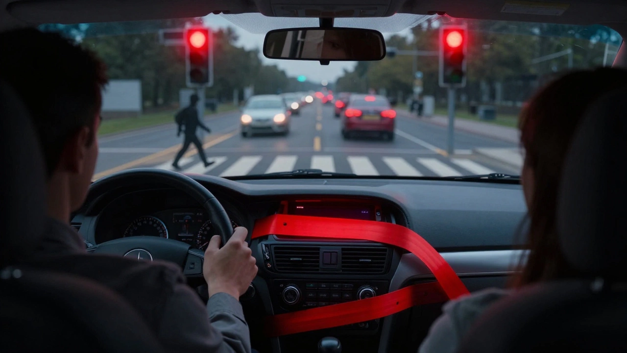 Автомобиль на красном сигнале светофора с прозрачными предупреждениями о нарушениях ПДД.