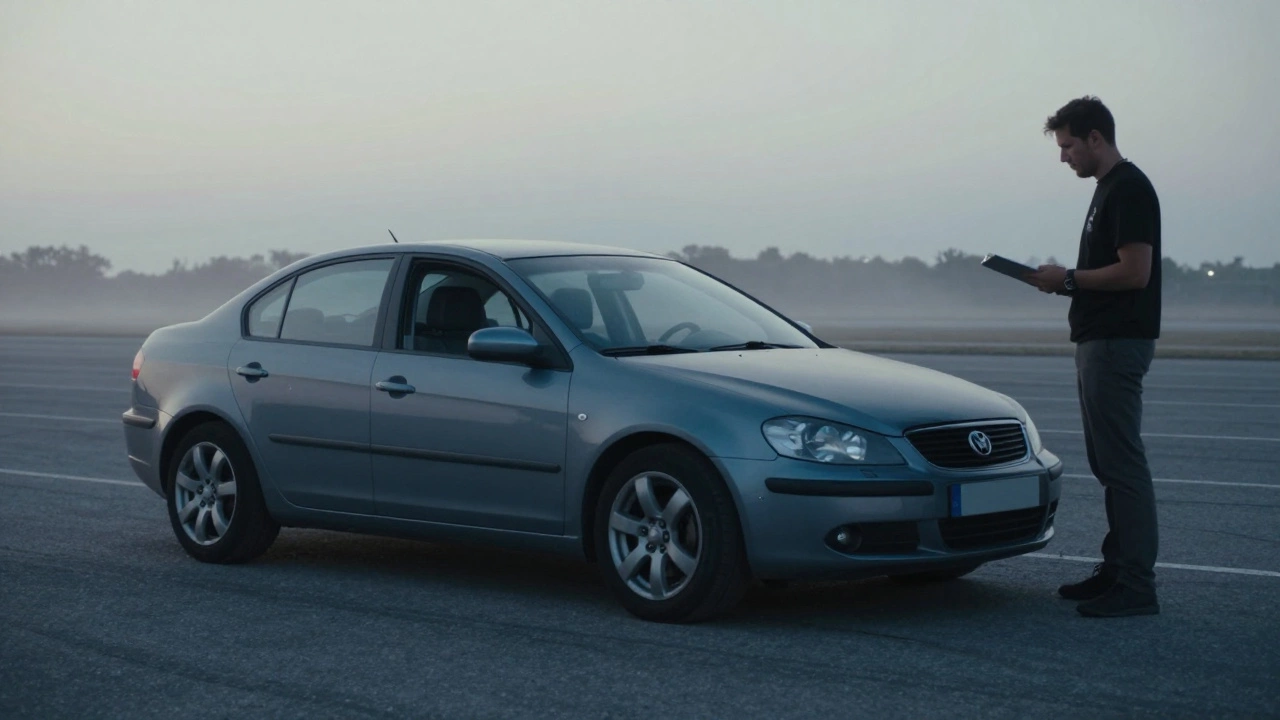 Автомобиль на пустой парковке утром, водитель отрабатывает сцепление, инструктор наблюдает.