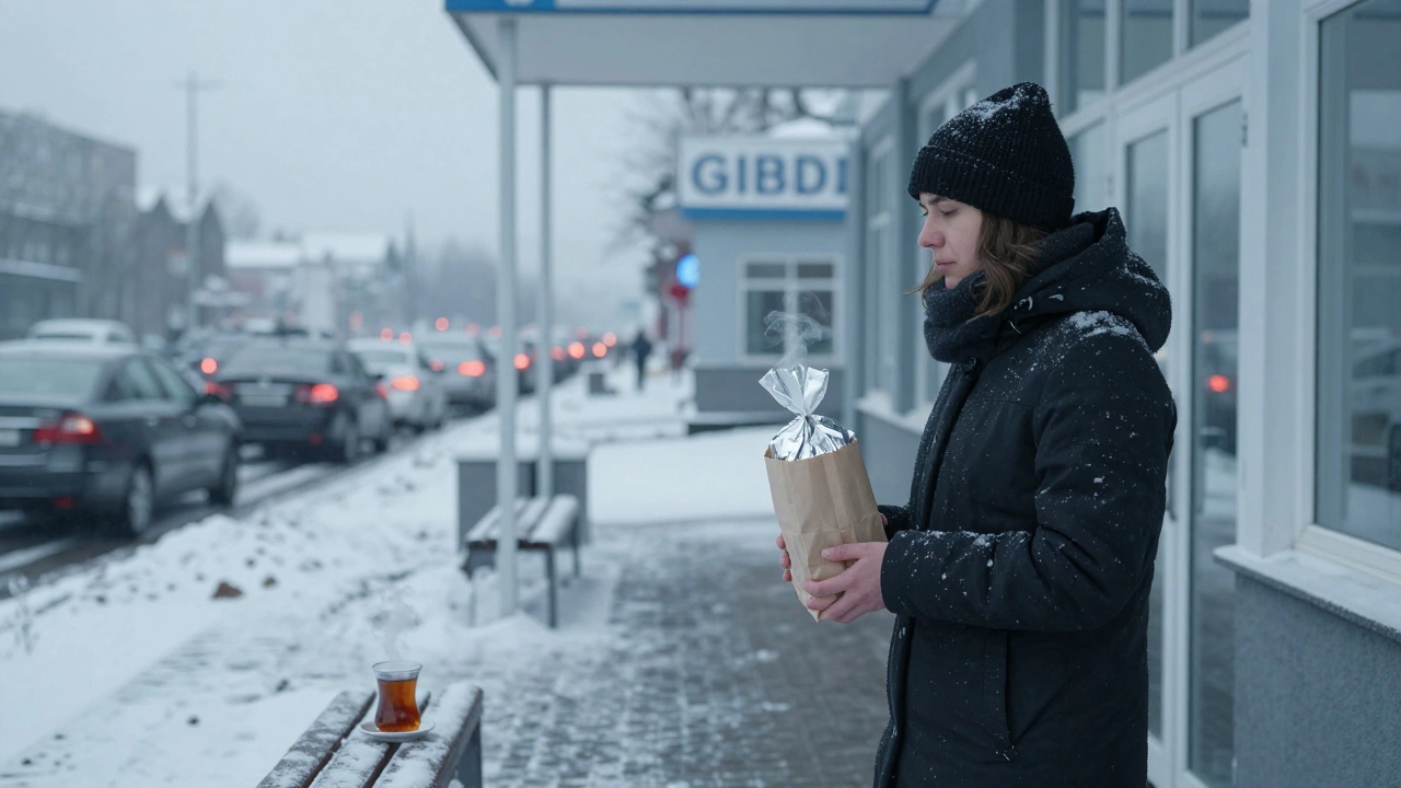 Человек стоит у здания ГИБДД с пакетом документов, спокойно смотрит вперед, за спиной — пробка.