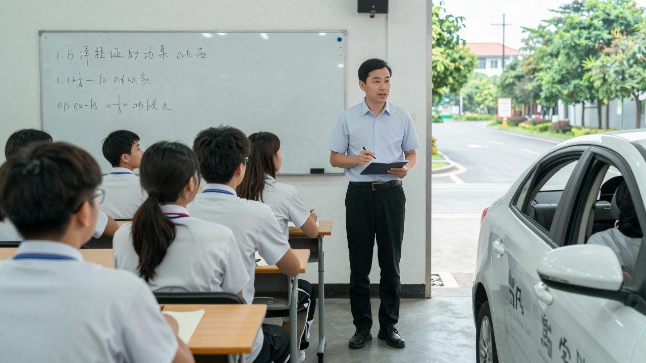 Групповое занятие в автошколе и частный урок на тихой улице.