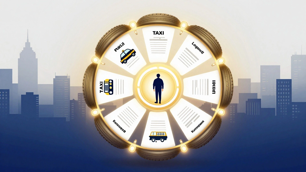 Круглый символ с восемью профессиями, доступными при категории В, на фоне городского пейзажа.