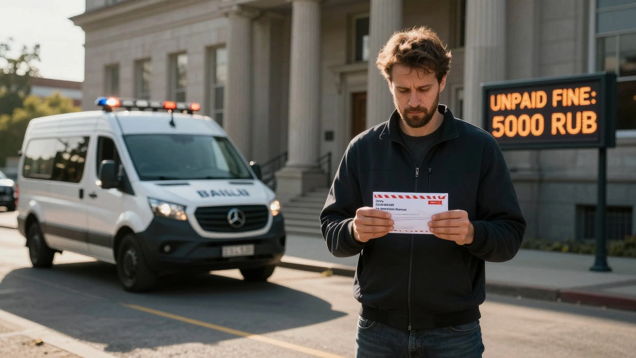 Мужчина держит почтовое уведомление о штрафе, рядом — машина приставов, на фоне — табло с суммой долга.