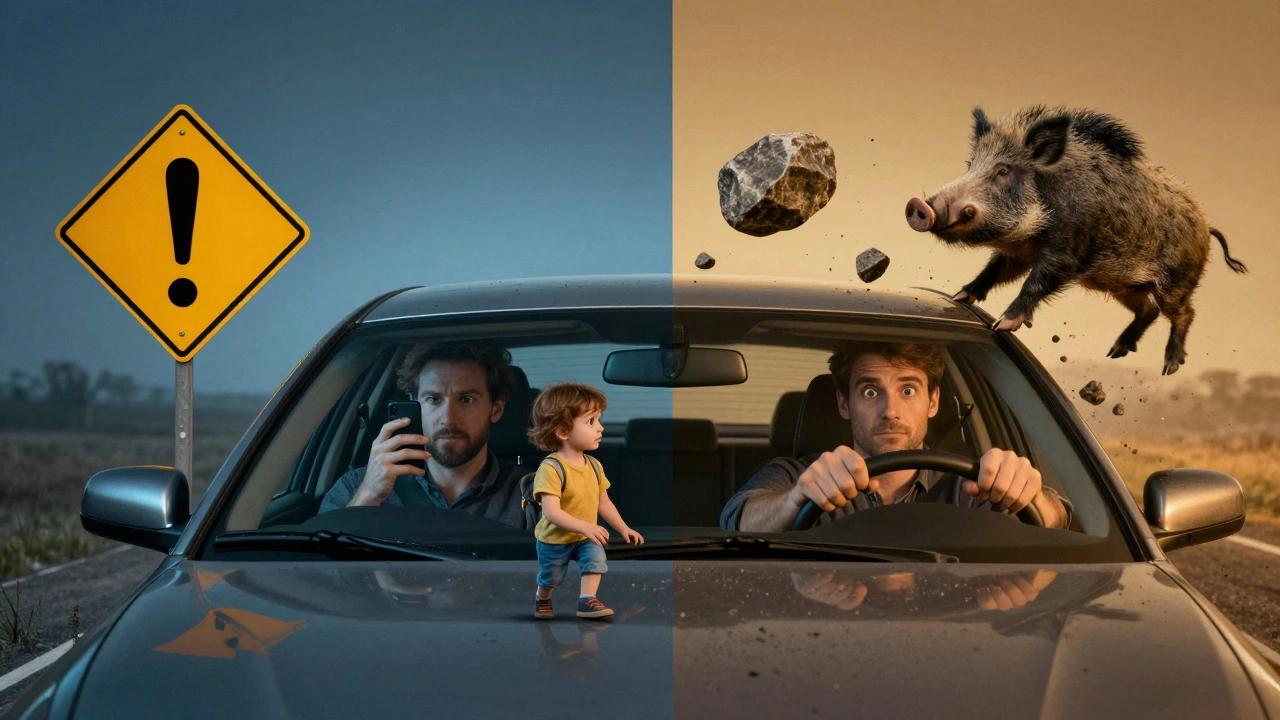 Разделенная дорога: водитель игнорирует знак слева и внимателен справа, с опасностями по бокам.