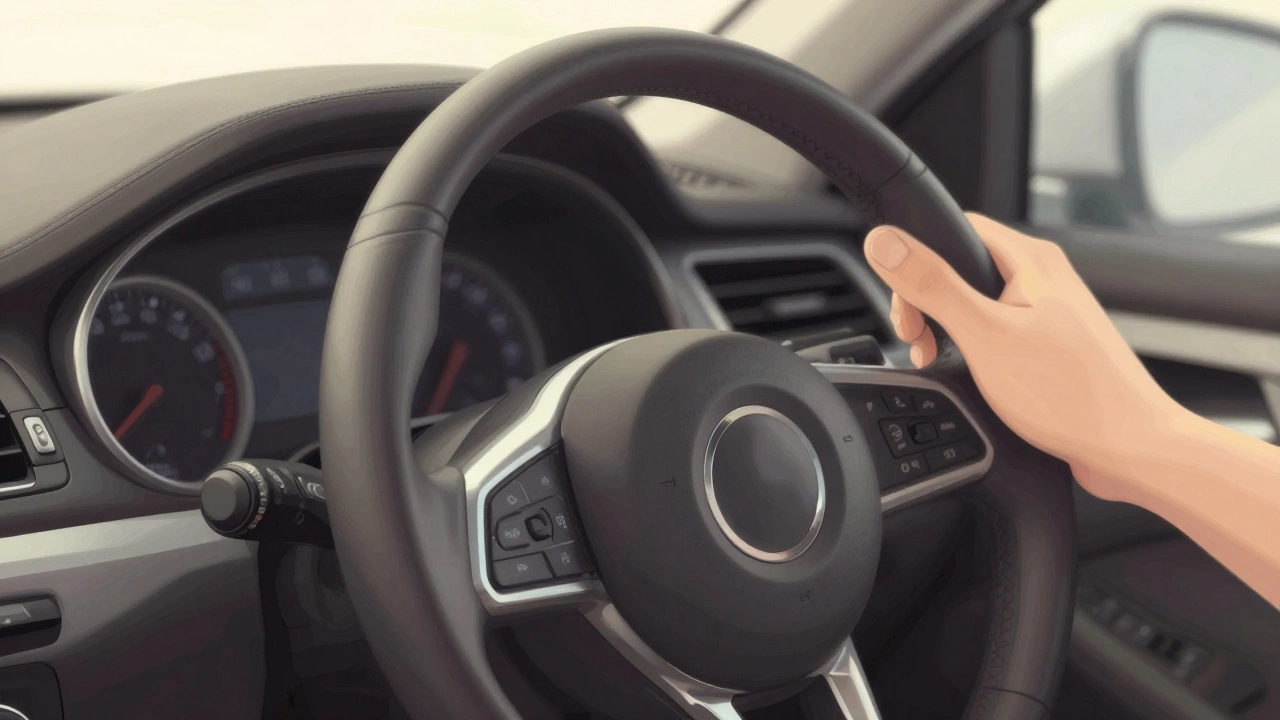 Руки на руле в положении 9 и 3 часа, акцент на правильной технике управления.