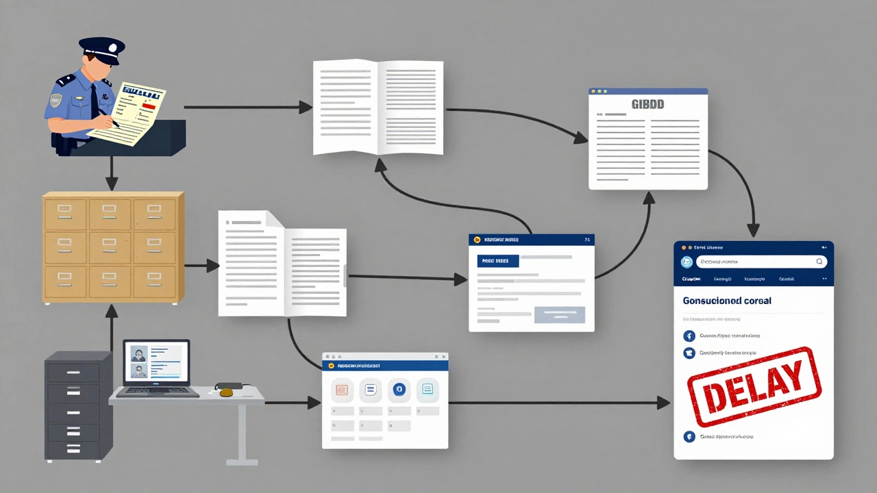Схема пути штрафа от инспектора до портала Госуслуги с отметкой 'Задержка' на последнем этапе.