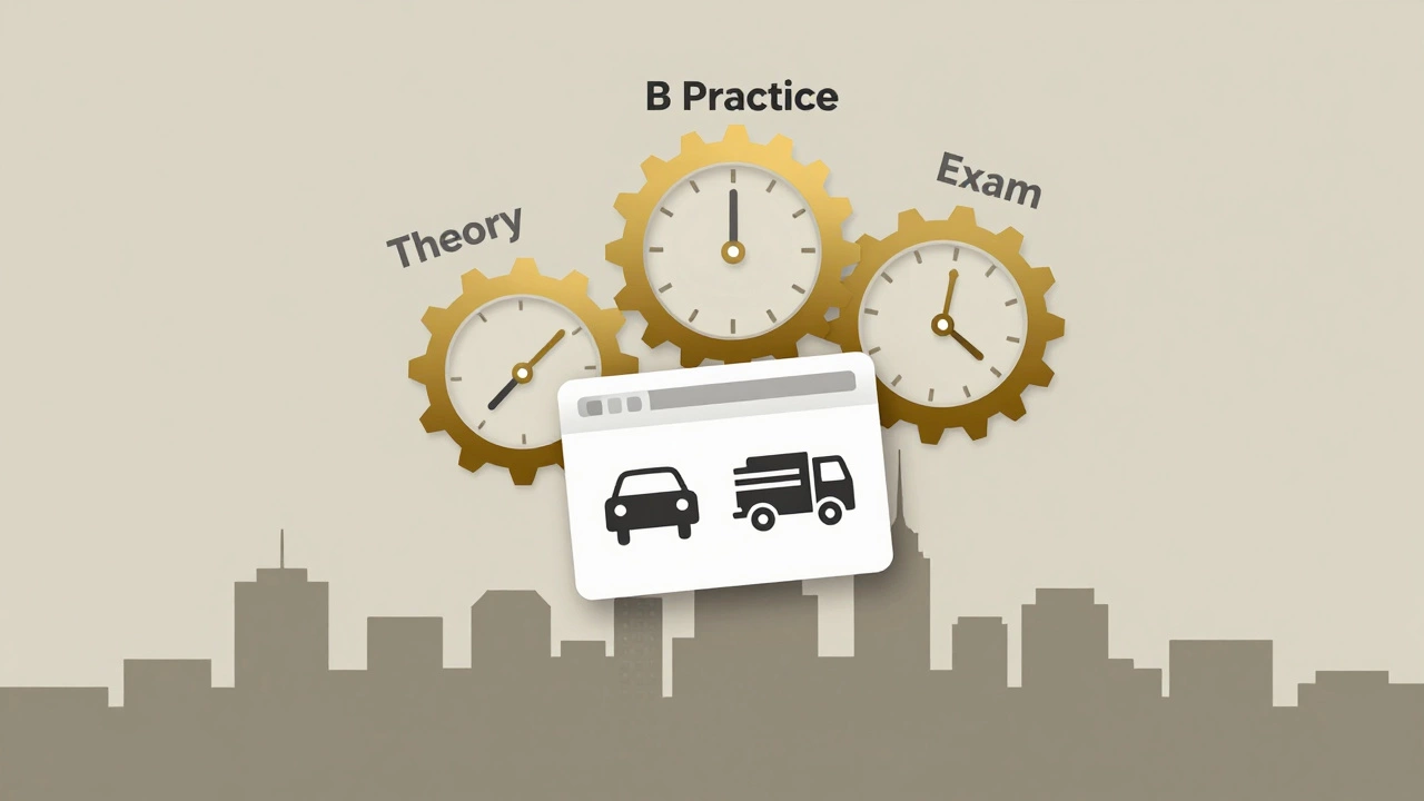 Символическое изображение водительского удостоверения с двумя категориями, вырастающими из единого графика обучения.