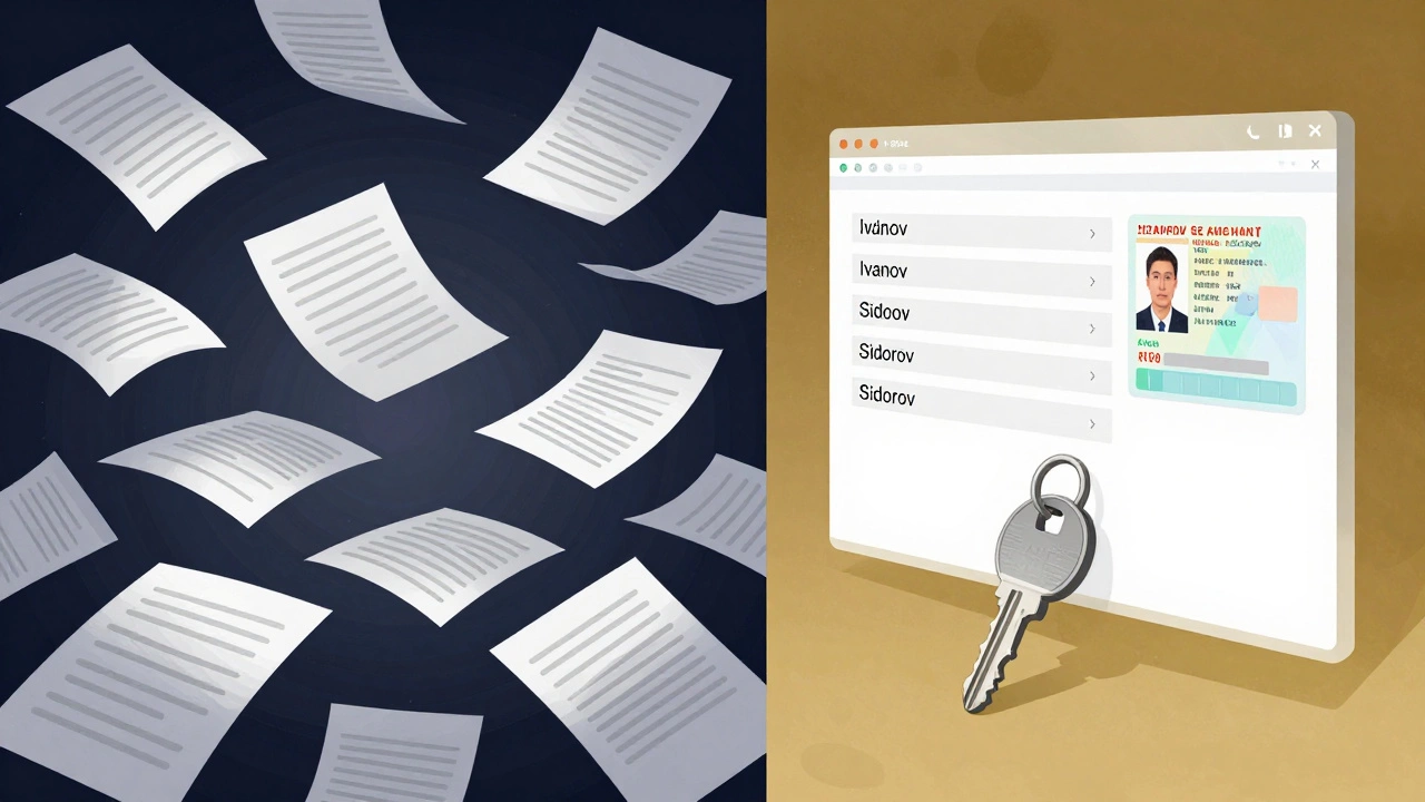 Сравнение: хаос фамилий слева и точный идентификатор справа, символизирующий безопасную проверку штрафов.