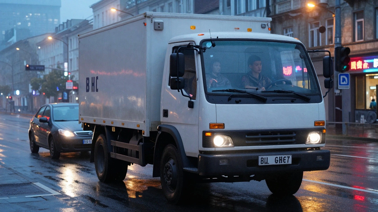 Студент тренируется за рулём грузовика GAZelle в городе, инструктор рядом, рядом ждёт легковушка.