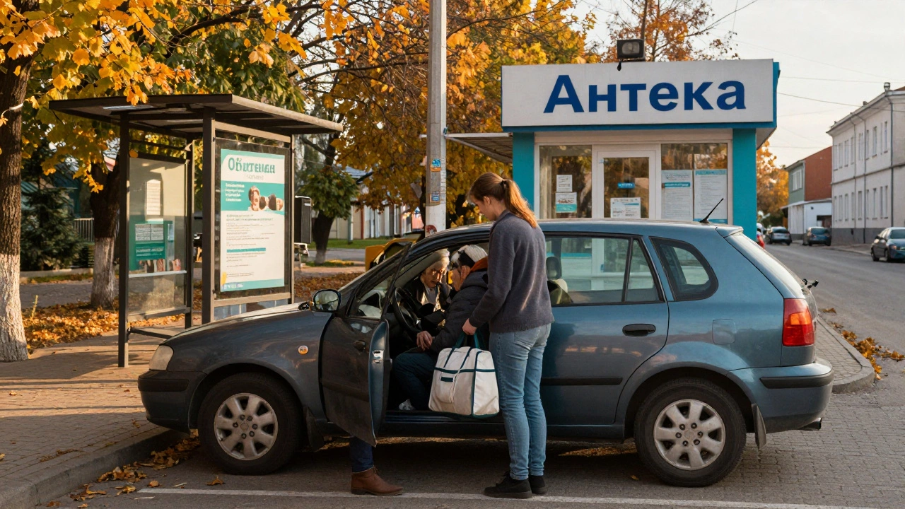 Водитель помогает пожилой женщине сесть в машину у клиники, осенние листья на улице.