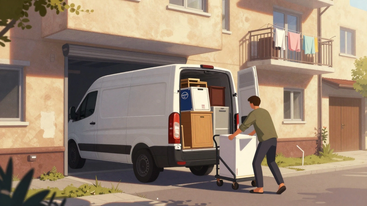 Водитель разгружает мебель и технику у подъезда жилого дома в городской среде.