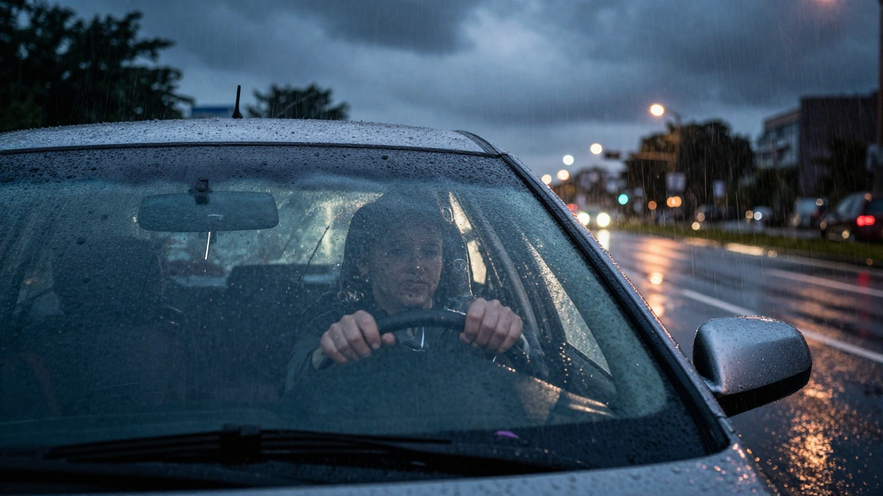 Вождение в дождь с инструктором, машина на мокрой дороге под дождем.