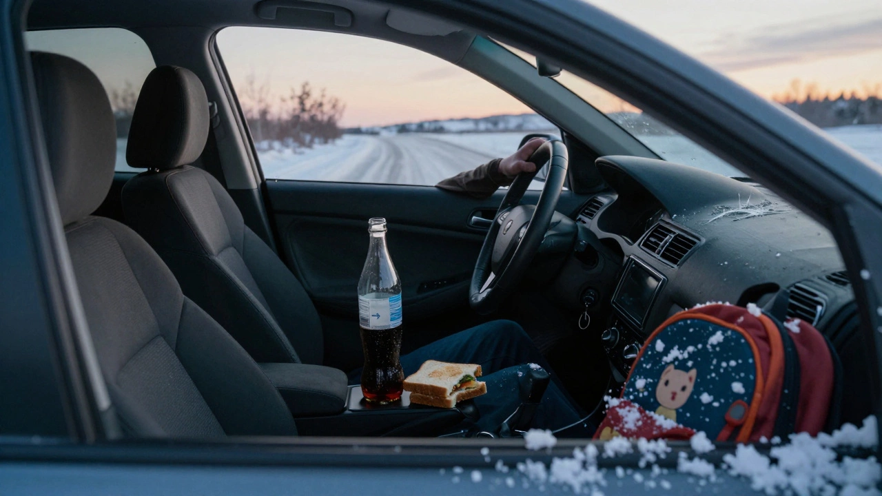 Автомобиль съехал с дороги, внутри — еда и бутылка, снег покрывает салон.