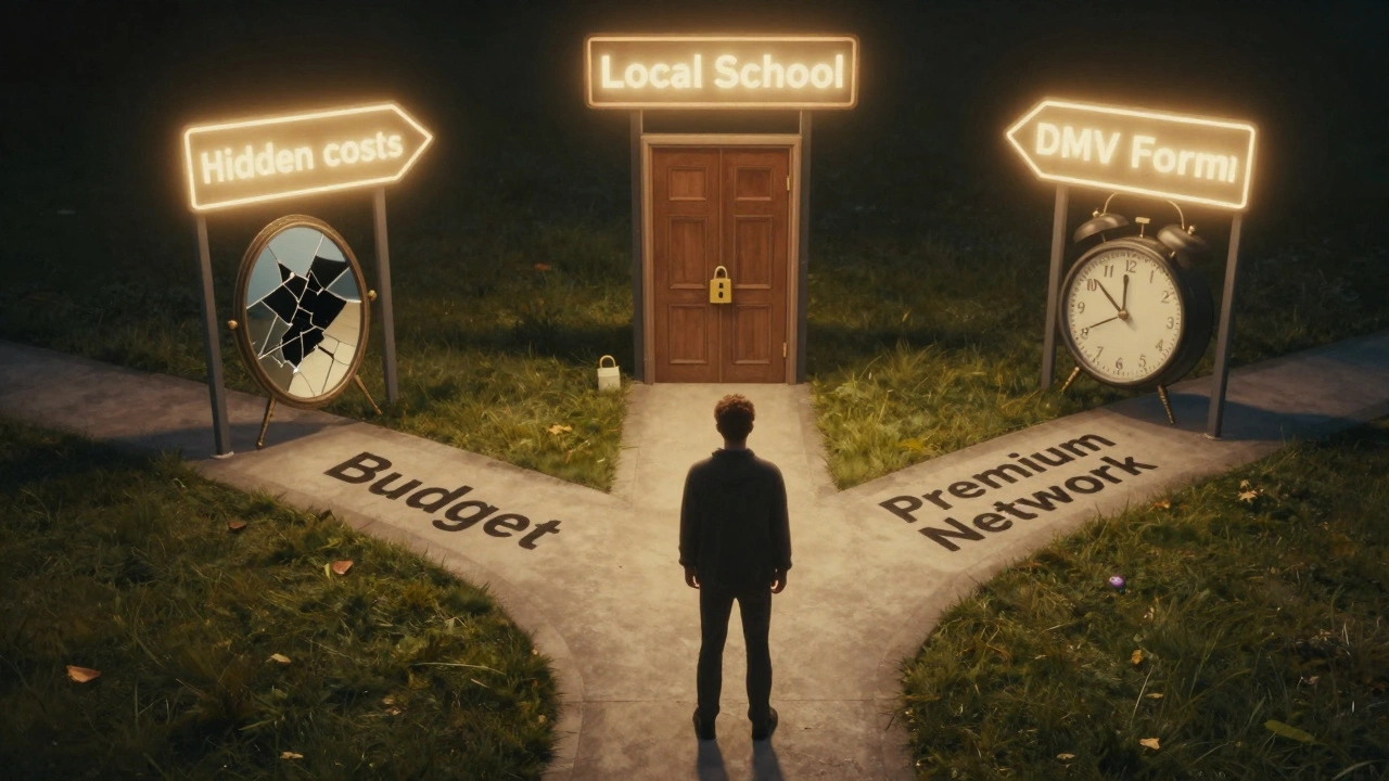 Человек на перекрестке с тремя путями обучения вождению, символические препятствия и знаки на дорогах.