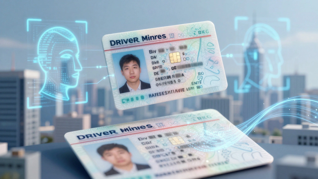 Цифровой водительский билет с чипом и вспышками распознавания лица, старое удостоверение исчезает в цифровом потоке.