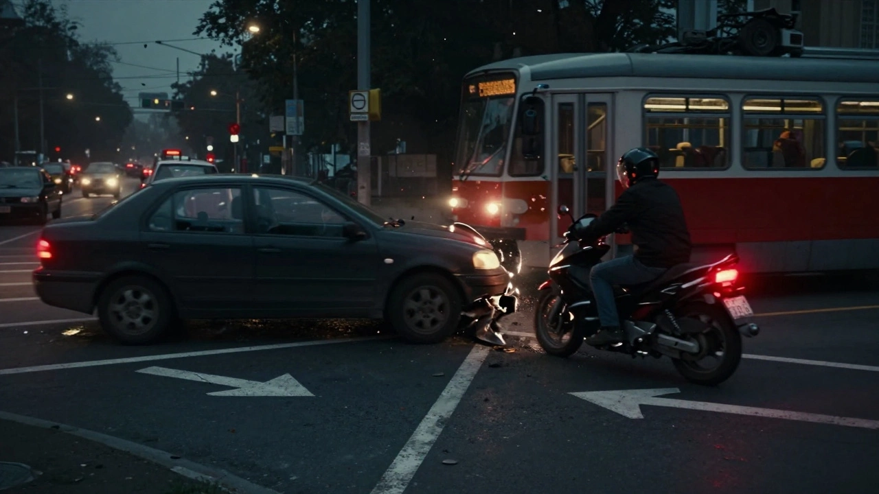 ДТП на перекрестке: машина, повернувшая не с той полосы, сталкивается с мотоциклистом, трамвай проезжает мимо.