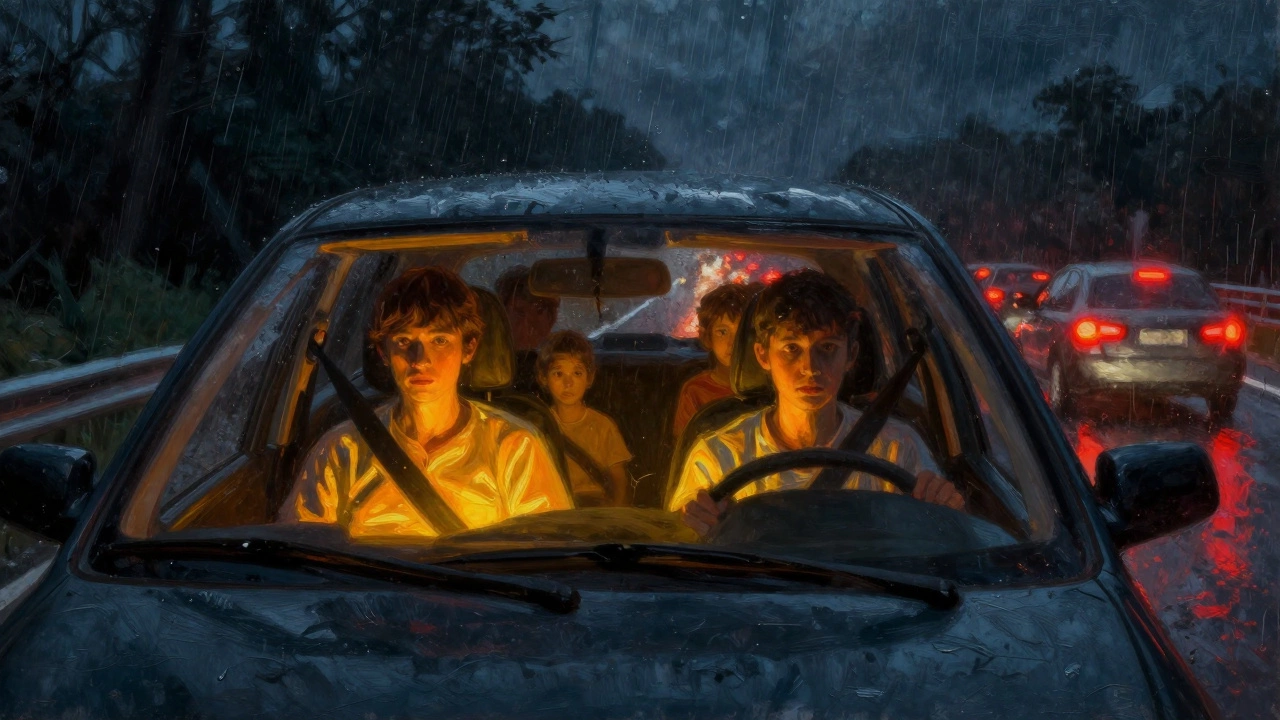 Художественный образ машины под защитой света на ночной трассе.