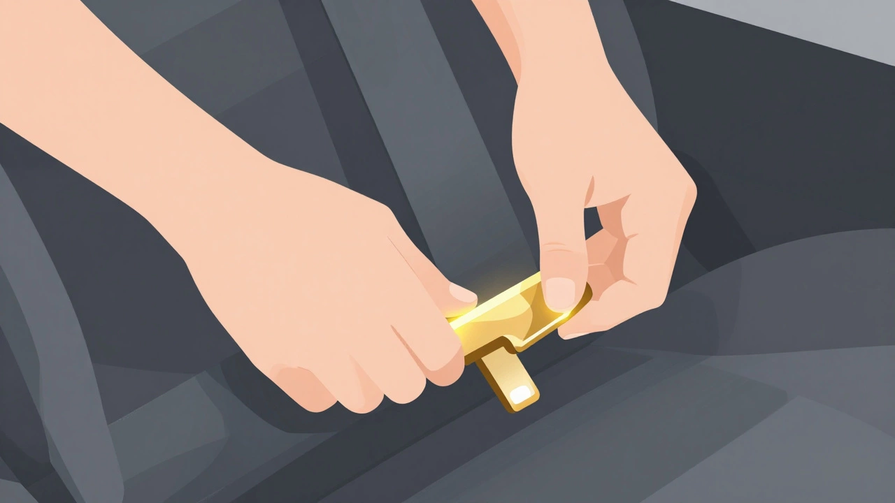 Крупный план рук водителя, затягивающих автомобильный ремень.