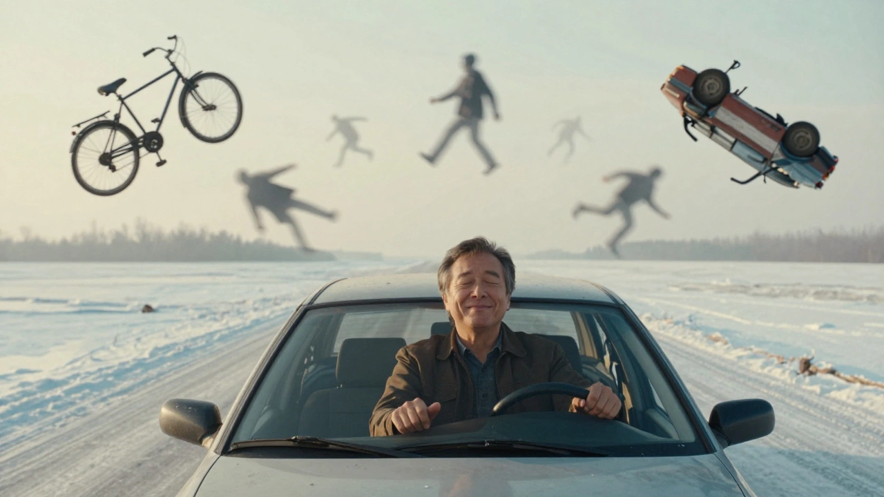 Опытный водитель с закрытыми глазами, вокруг него — призрачные сцены аварий.