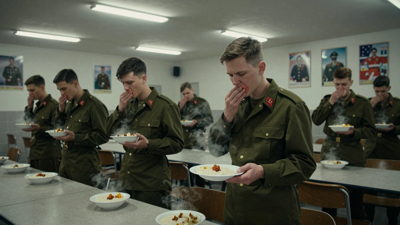 Призывники в столовой не могут есть кашу из-за отсутствия зубов, один отодвигает тарелку.