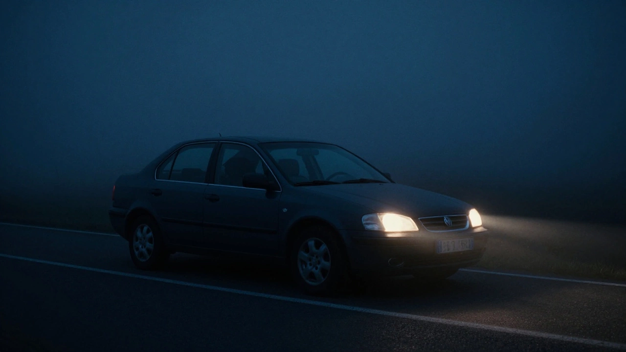 Пустая машина на обочине ночью, туман, далёкие фары.