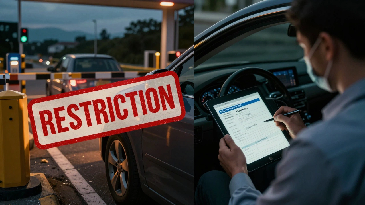 Разделённая сцена: машина блокирована на границе и в центре выдачи прав, показаны старые неоплаченные штрафы