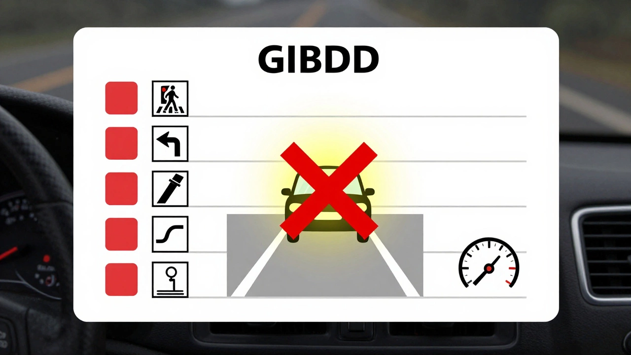 Схема штрафных баллов за ошибки на экзамене по вождению с выделенной критической ошибкой.