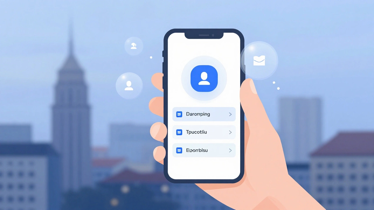Смартфон с приложением для проверки штрафов на фоне города