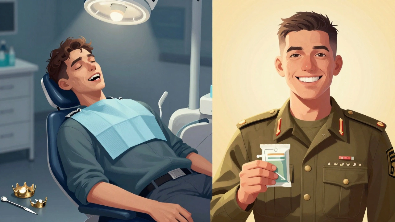 Сравнение: слева — разрушенные зубы, справа — тот же человек в форме с здоровыми зубами и уверенной улыбкой.