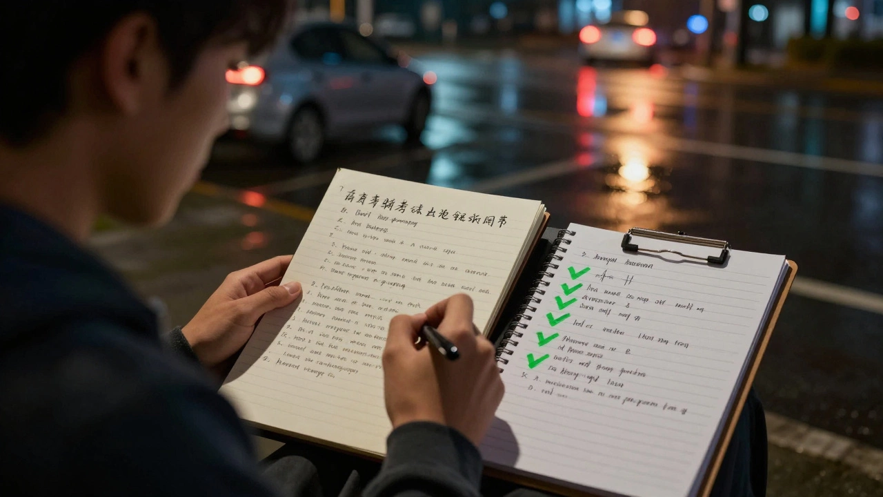 Студент анализирует ошибки после провала экзамена по вождению под фонарём ночью.