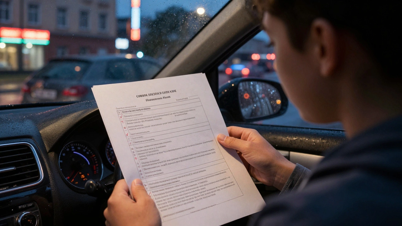 Студент и инструктор разбирают ошибки экзамена под фонарем, на бумаге отмечены пропущенные сигналы.