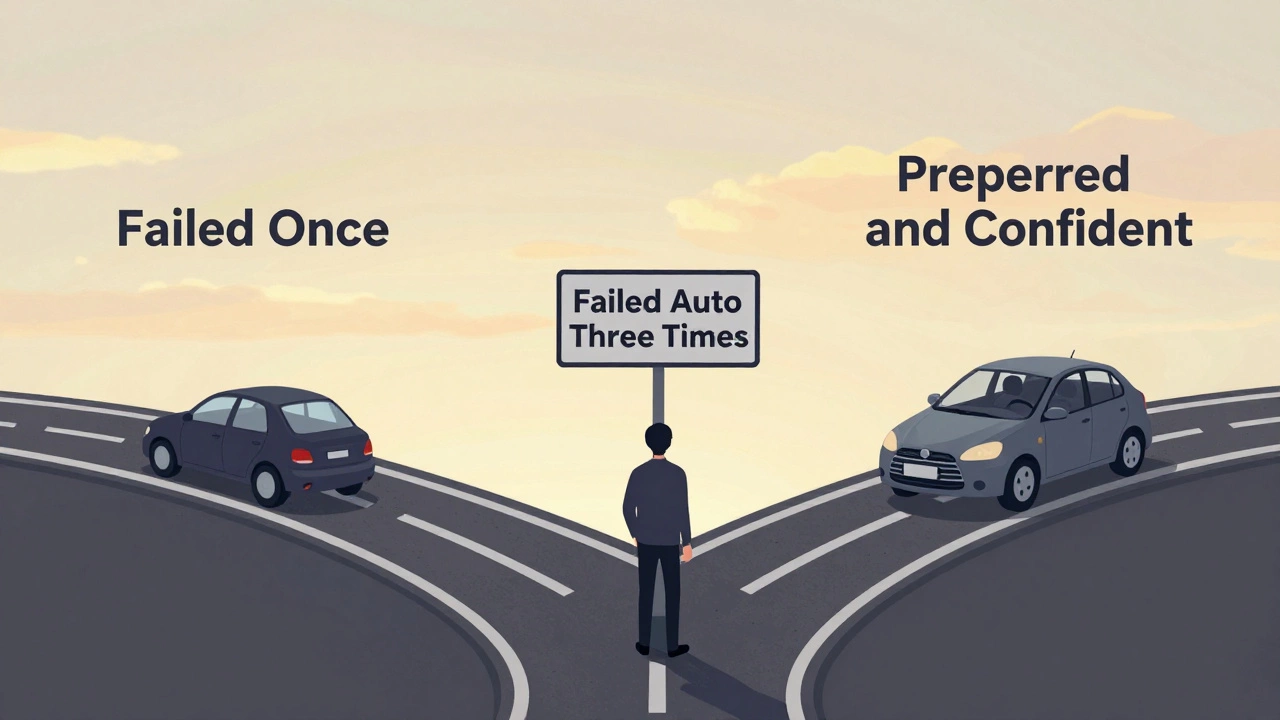 Три пути к получению прав: провал, повторное обучение и уверенное вождение, символически изображены без текста.