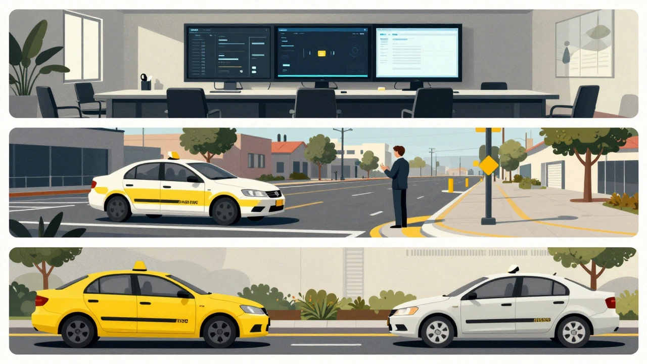 Три типа автошкол в Лос-Анджелесе: корпоративная, местная и бюджетная, показаны в виде боковых панелей.