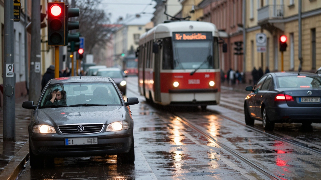 Водитель стоит в левой полосе на перекрестке, рядом — трамвай на выделенной полосе, другая машина нарушает правило.