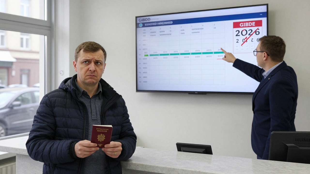 Водитель в офисе ГИБДД смотрит на монитор с историей штрафов, один из которых помечен как архивный