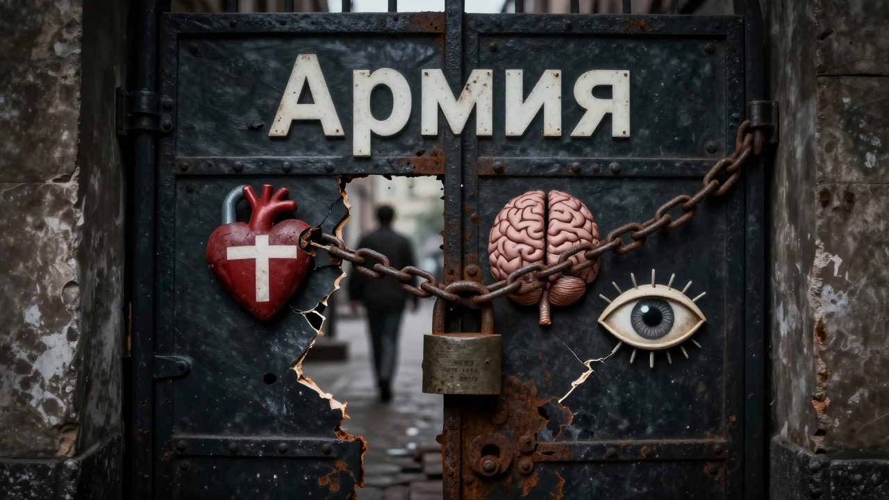 Закрытая дверь в армию, заперта медицинскими символами, человек уходит на свет.