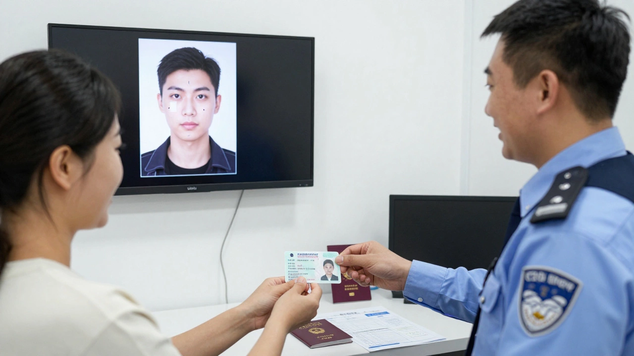 Женщина получает новое водительское удостоверение в ГИБДД, на фоне — экран с биометрическим снимком, без фотографий от гражданина.