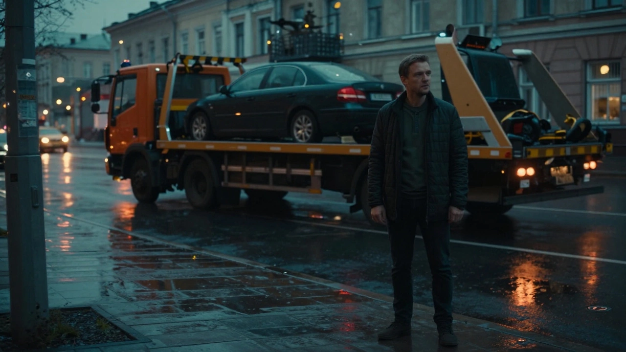 Грустный водитель смотрит, как эвакуатор увозит его машину в дождливом городе