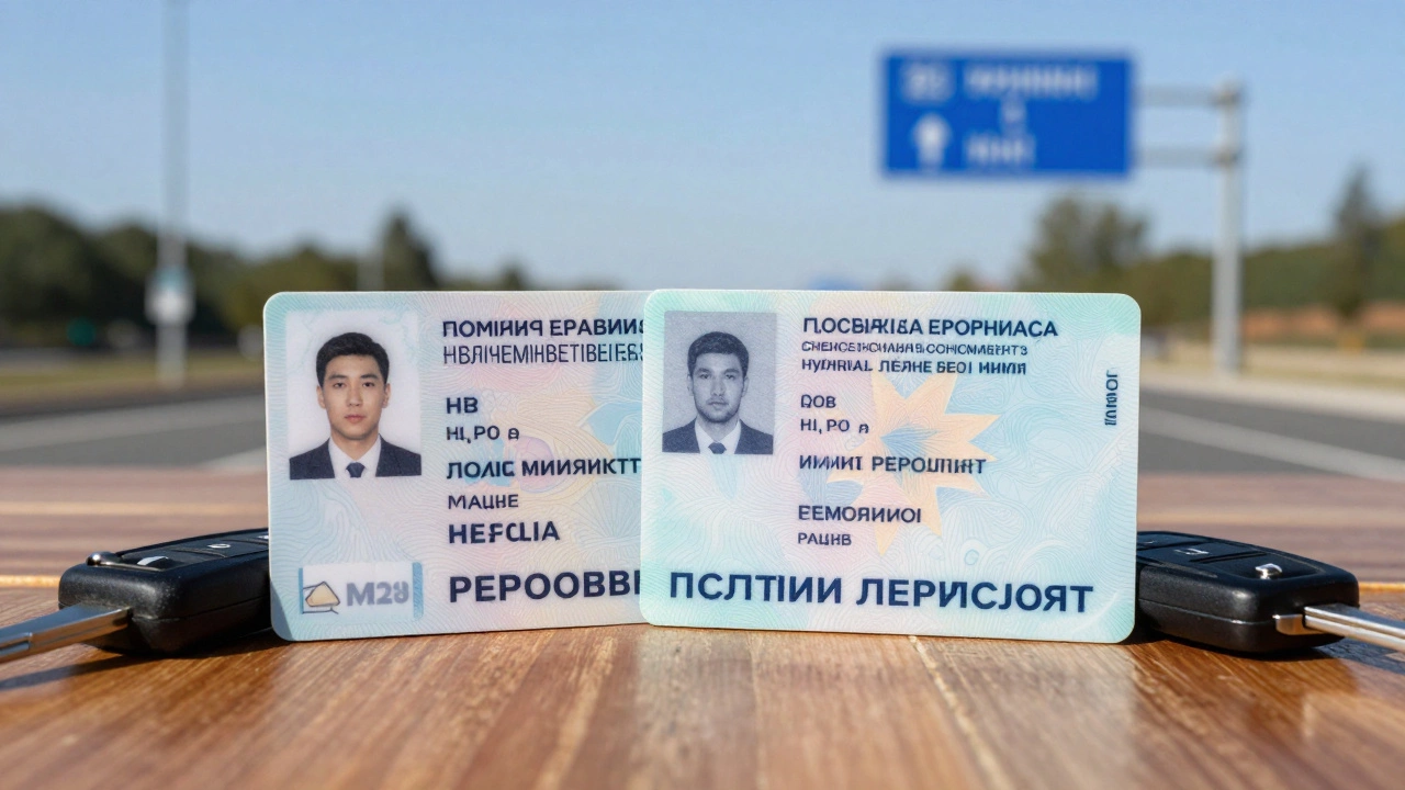 Иностранное и российское водительское удостоверение рядом с ключами от авто