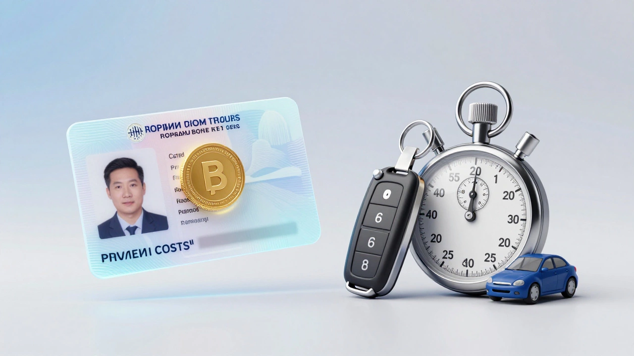 Концептуальное изображение водительского удостоверения и символов оплаты услуг автошколы