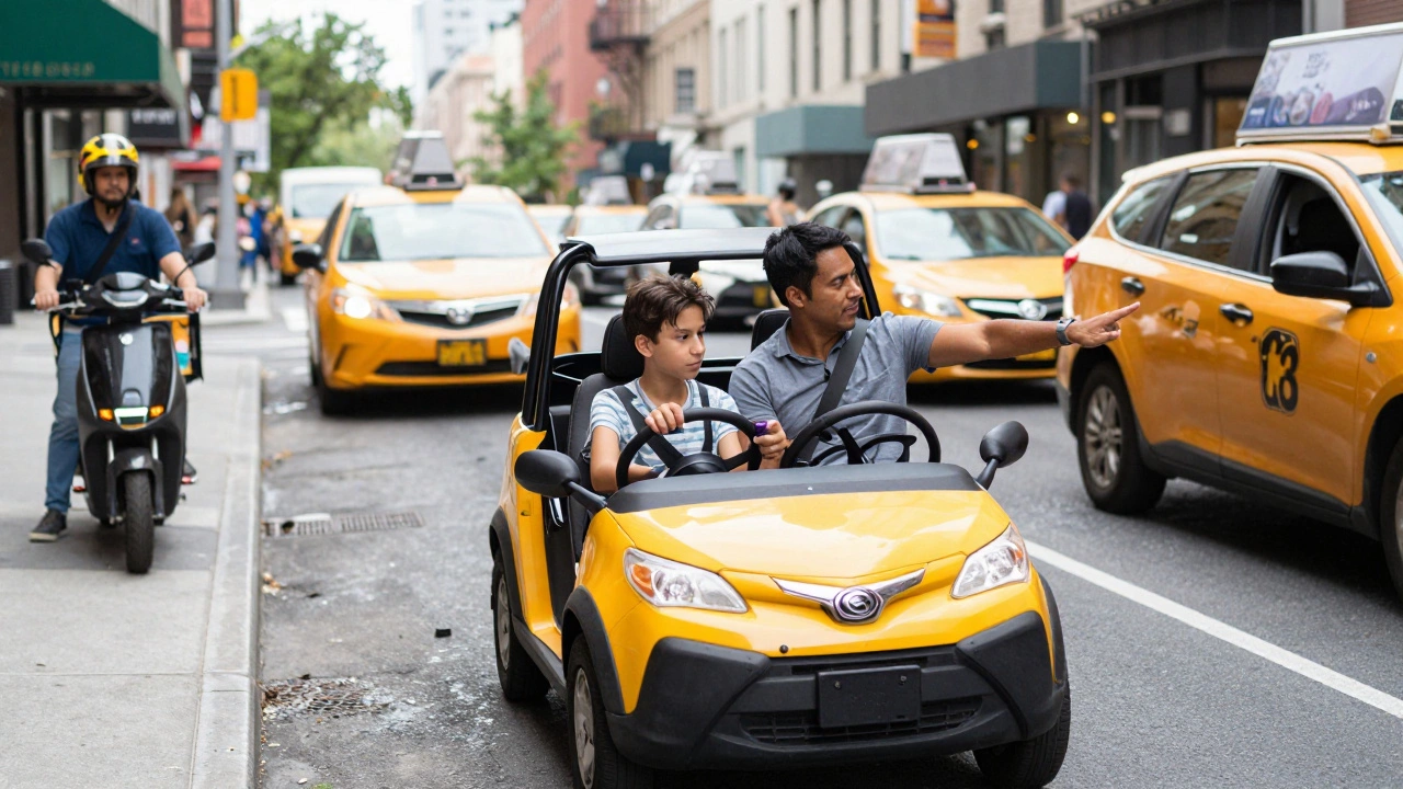 Подросток тренируется водить автомобиль с инструктором на оживленной улице Бруклина