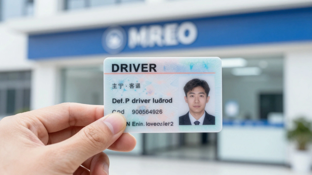 Рука держит новое водительское удостоверение на фоне государственного центра