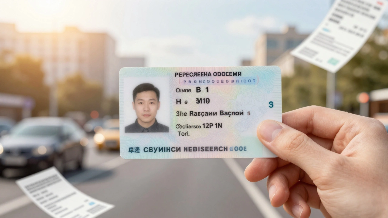 Рука с водительским удостоверением на фоне городской дороги