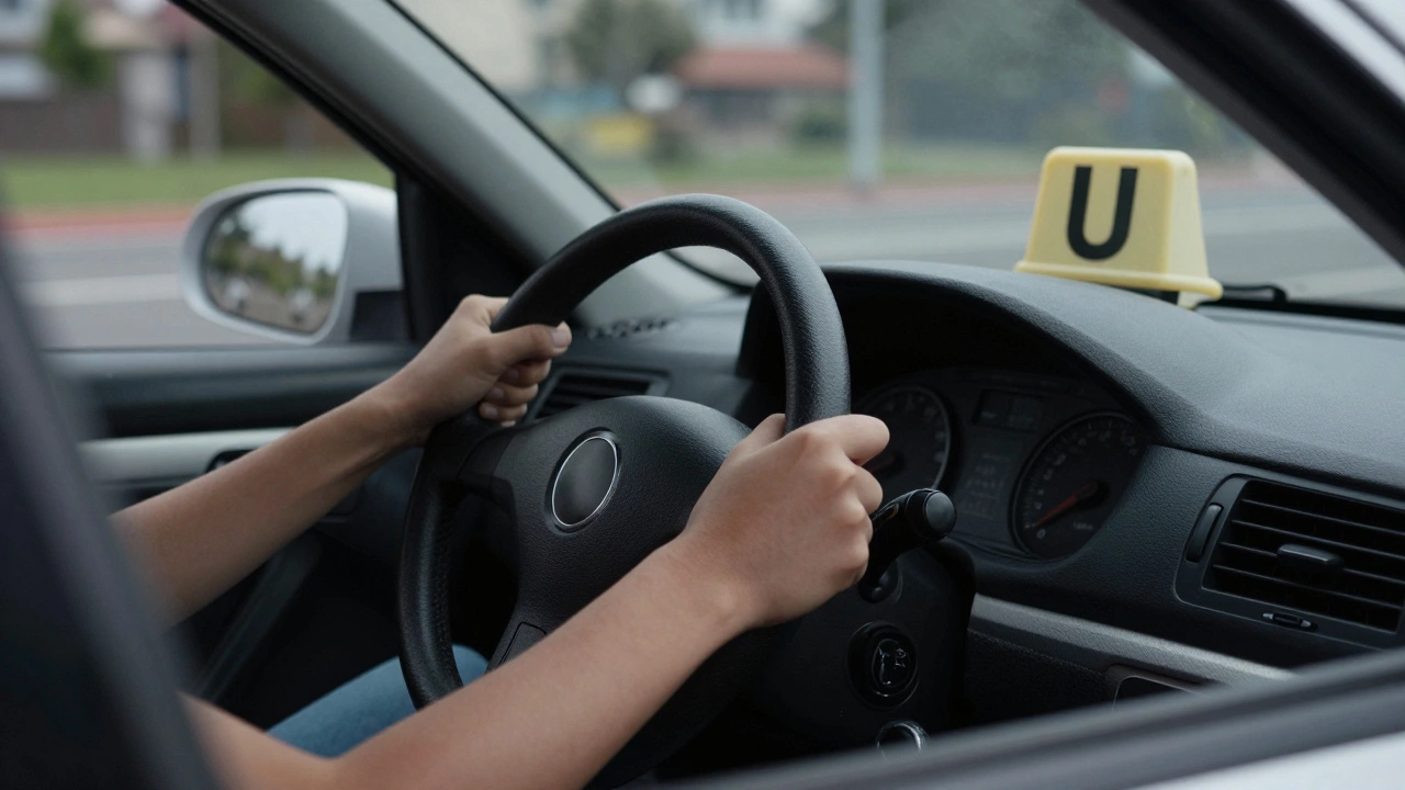 Руки ученика на руле учебного автомобиля с знаком У