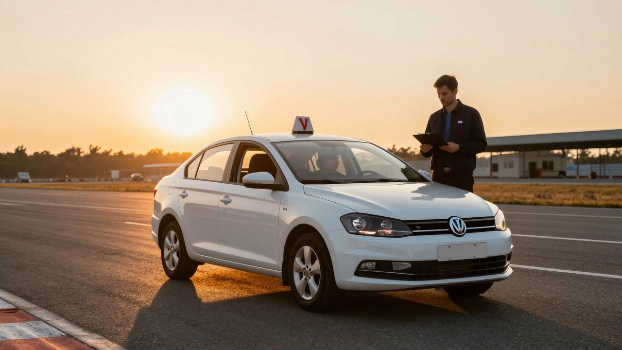 Учебный автомобиль с знаком У на экзаменационном автодроме в лучах заката