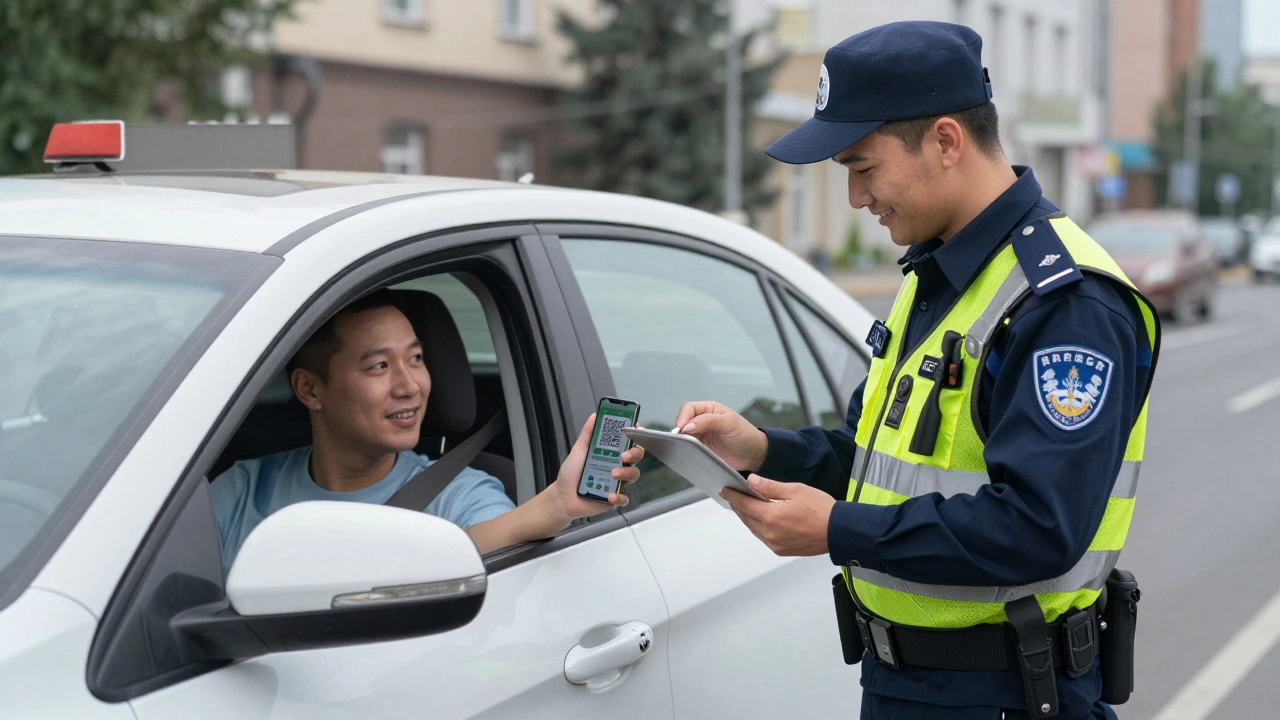 Полицейский сканирует QR-код электронного права на планшете во время остановки автомобиля