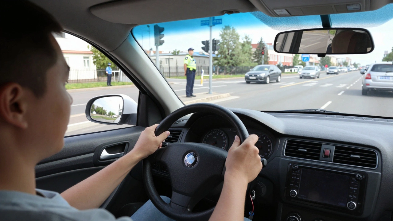 Вид из салона автомобиля во время практического экзамена по вождению