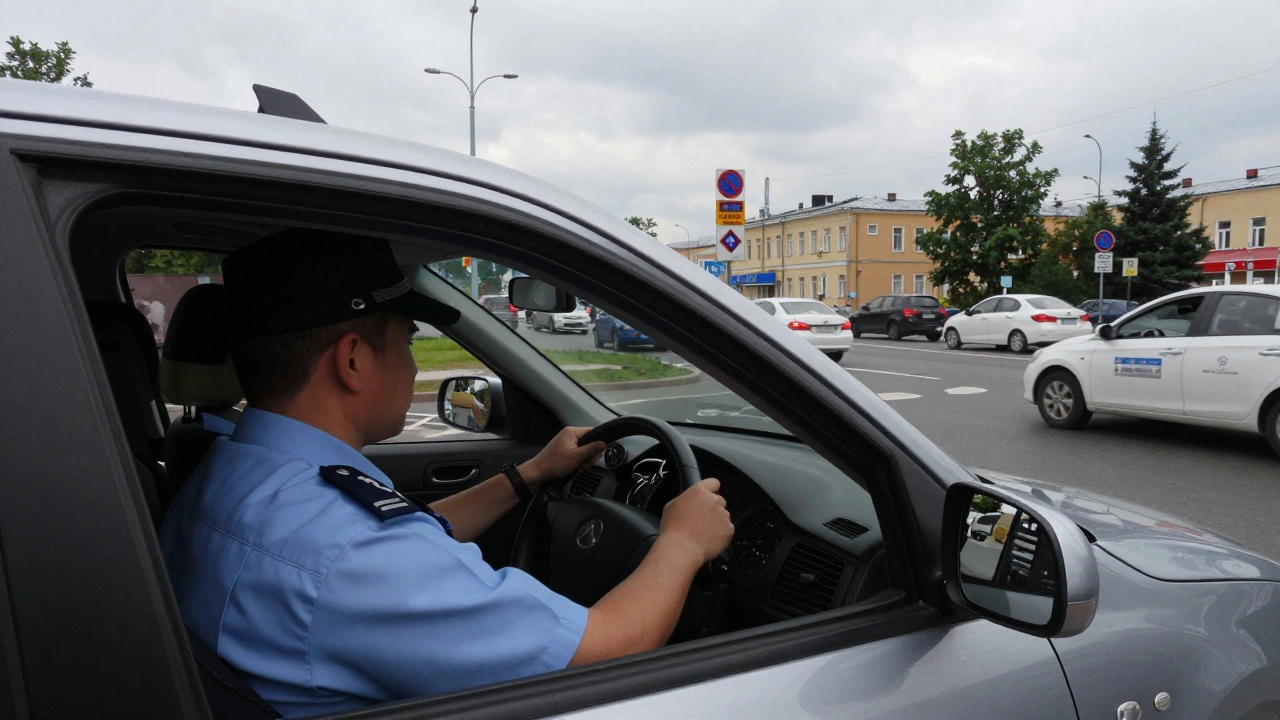 Водитель сдает экзамен по вождению в городе под присмотром инспектора