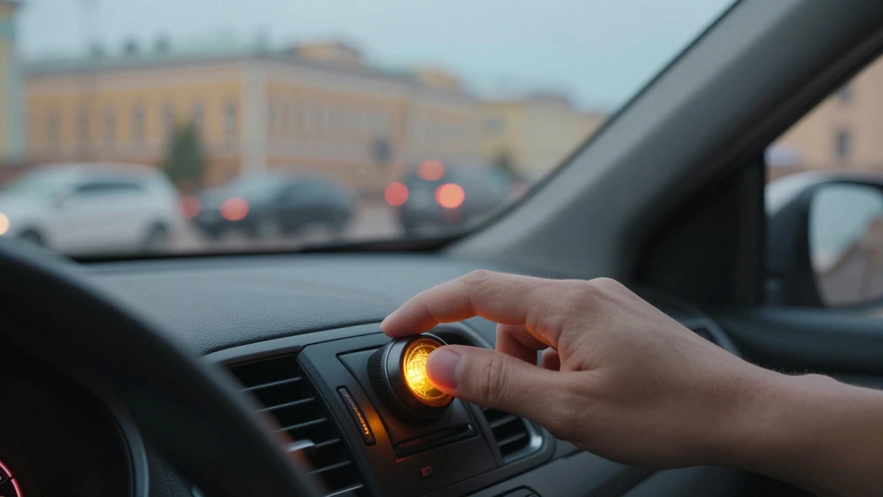 Рука включает поворотник на рулевой колонке автомобиля
