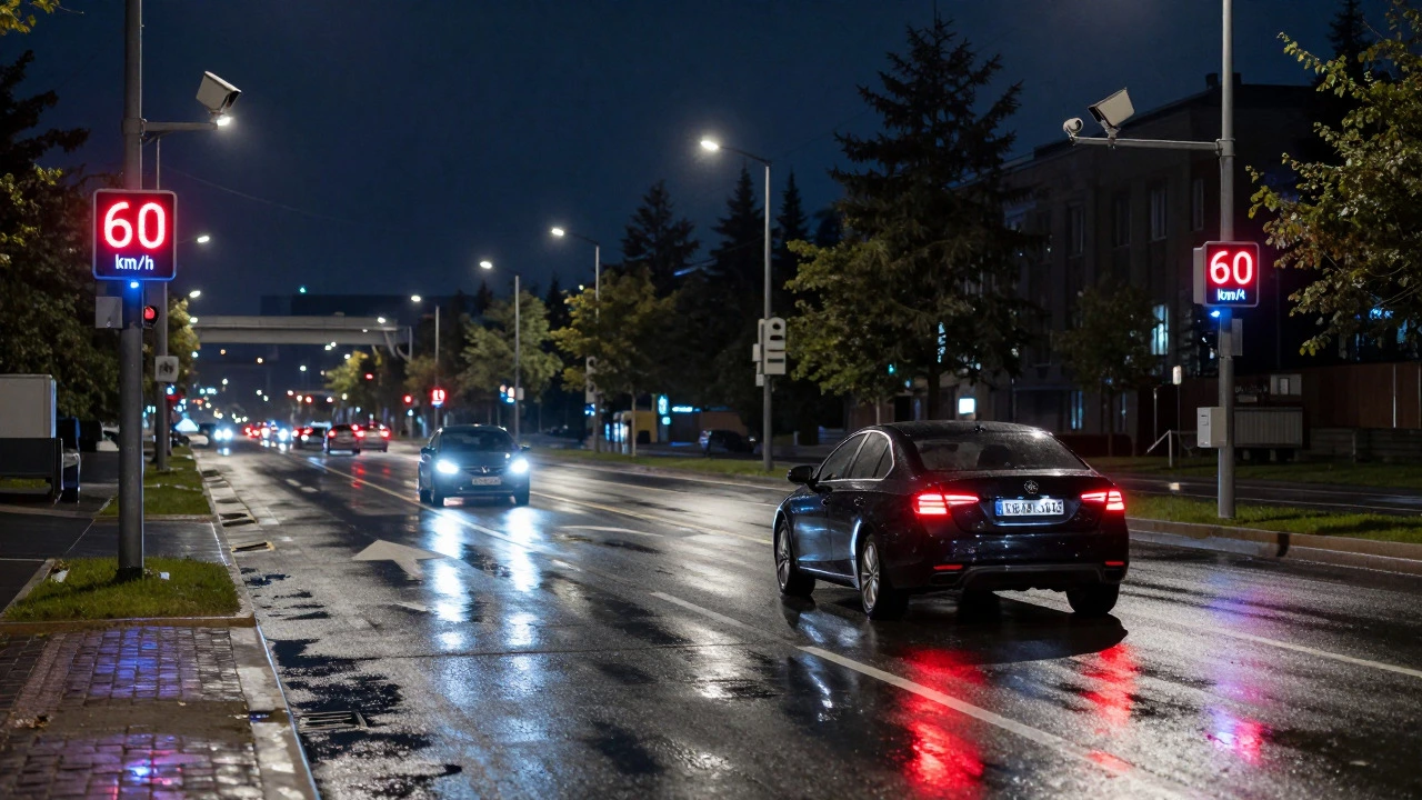 Автомобиль едет по ночной улице с камерами контроля скорости